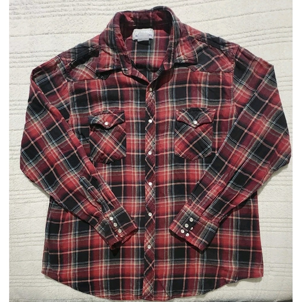 Wrangler Western Flannel‎ Shirt Mens Large Red Plaid Pearl Snap Long Sleeve